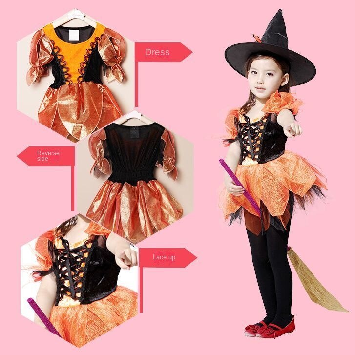 Đầm Hóa Trang Halloween Nhân Vật Phù Thủy Cho Bé Gái Kích Thước 100-150