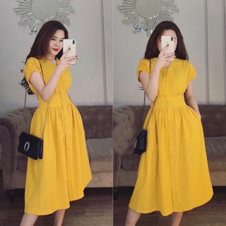 Đầm midi, váy dạo phố cổ V nút bọc 3 màu (kèm hình thật)
