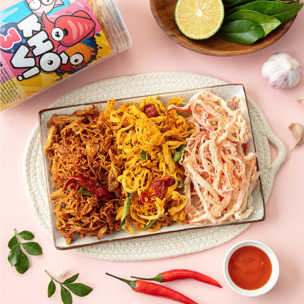 Khô mực mix 3 vị khô gà, khô heo hộp 230g đồ ăn vặt Hà Nội
