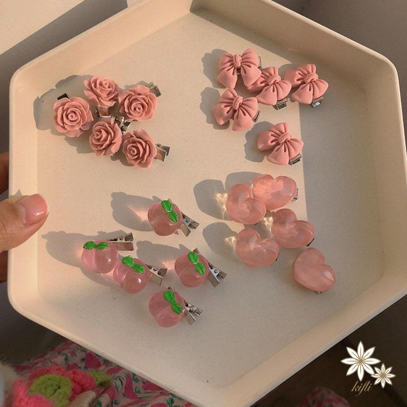 【kifli】Kẹp Tóc Mỏ Vịt Đính Nơ Họa Tiết Hoa Trà Màu Hồng Dễ Thương Phong Cách Hàn Quốc（quà tặng ngày thiếu nhi）