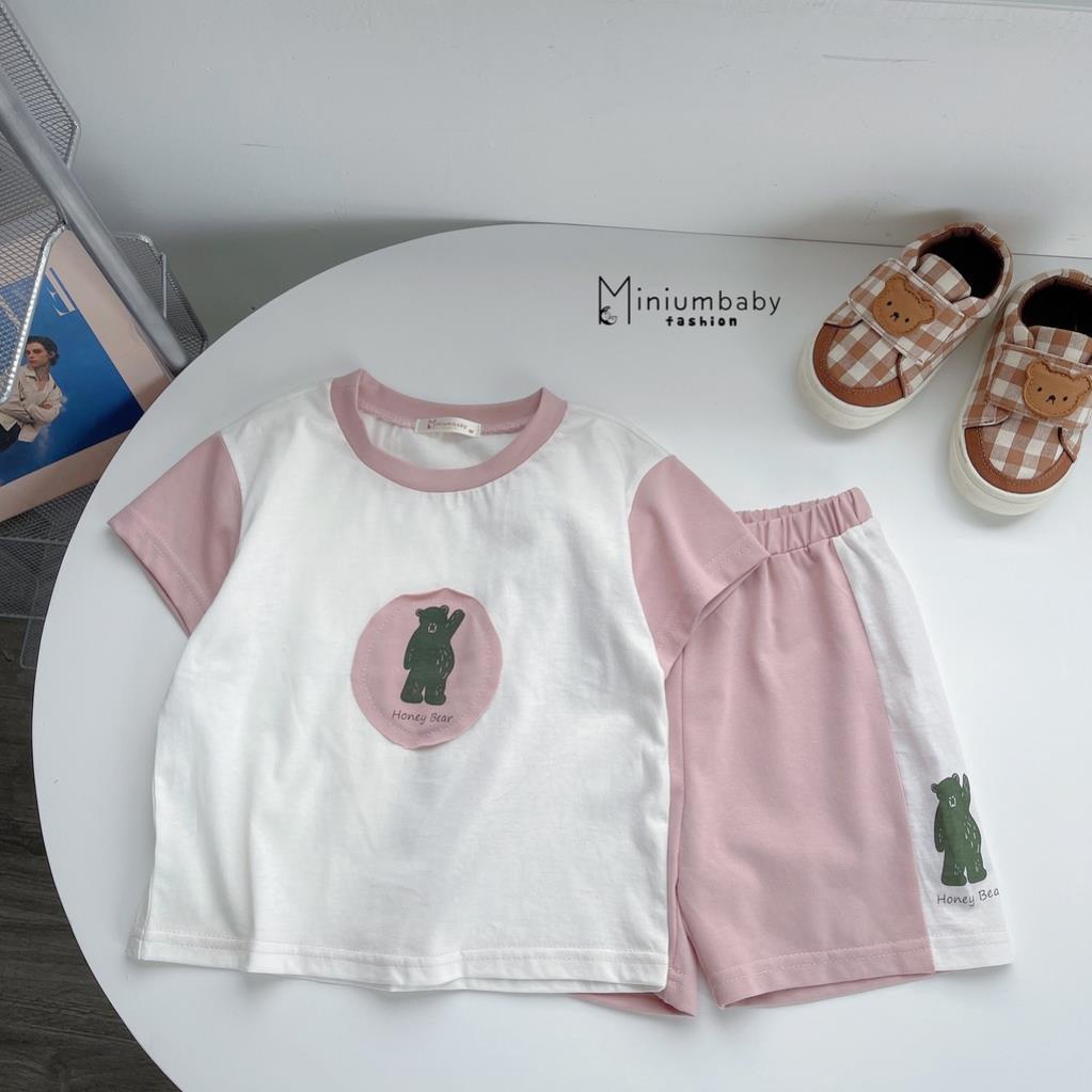 Bộ cộc tay mùa hè unisex cho bé trai và bé gái chất liệu cotton, set đồ in gấu-MiniumBaby-SB1214