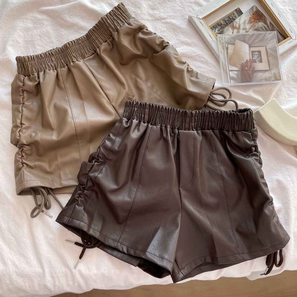 Quần Short Da Mỏng Lưng Thun Cao Ống Rộng Phối Dây Cột Hai Bên Thời Trang Dành Cho Nữ