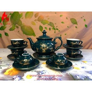 Bộ ấm chén uống trà bộ ấm chén bát tràng cao cấp vinh hoa phú quý xanh mallard