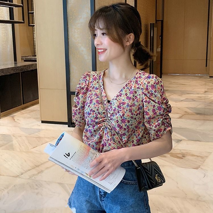 Áo Sơ Mi Chiffon Tay Ngắn Phồng Cổ Chữ V Họa Tiết Hoa Thời Trang Mùa Hè Phong Cách Hàn Quốc Mới Dành Cho Nữ