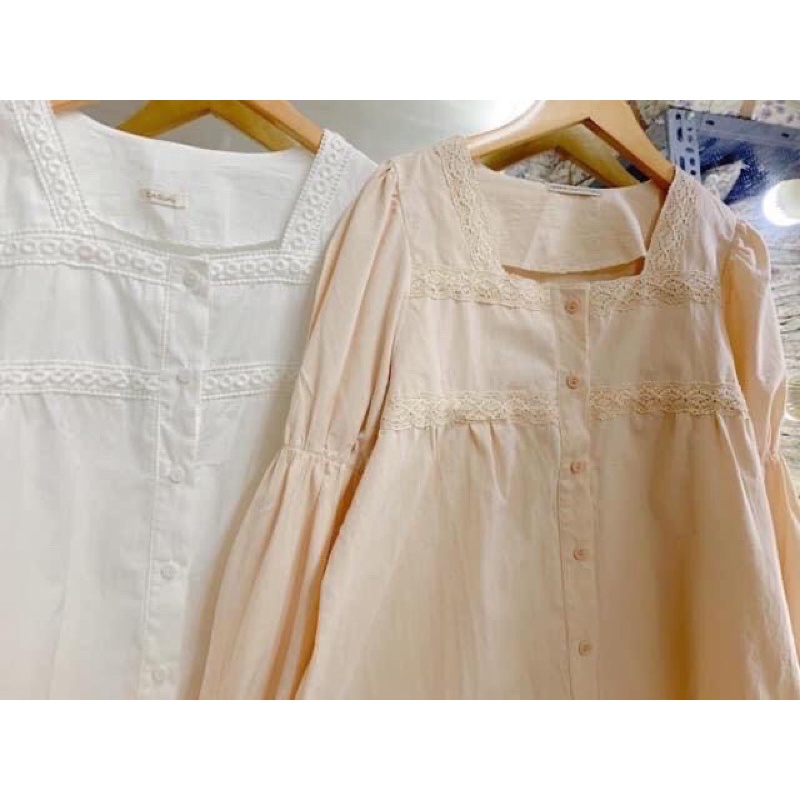 Áo babydoll cổ vuông viền ren bo tay style Ulzzang