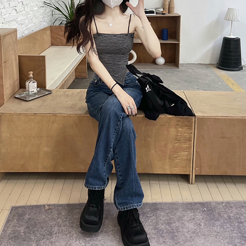 Áo Croptop Hai Dây Dệt Kim Họa Tiết Kẻ Sọc Thời Trang Cho Nữ