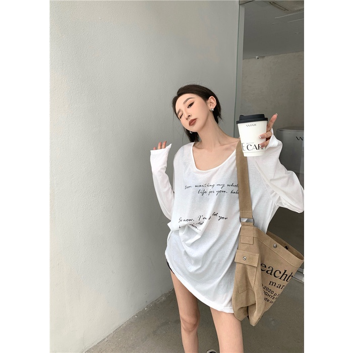 Cocory vn Áo Thun Tay Dài Dáng Rộng In Chữ Kiểu Vintage Cá Tính Cho Nữ