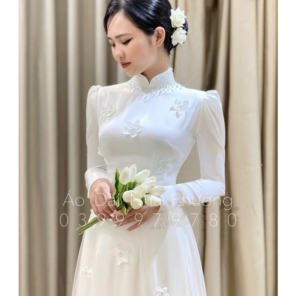 Áo Dài Trắng Cô Dâu Thiết Kế Điểm Hoa Nổi Cao Cấp_TOCHAUĐIEMHOA