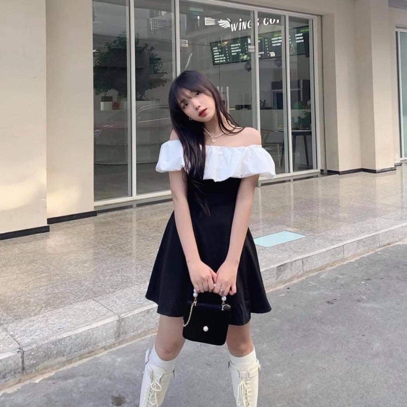 Váy trễ vai phối đen trắng TTB865 | BigBuy360 - bigbuy360.vn