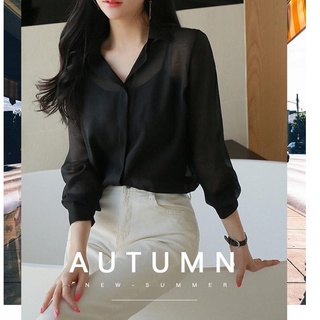 ❤★Ve❤Áo Sơ Mi Voan Mỏng Tay Dài Chống Nắng Xuyên Thấu Màu Đen Quyến Rũ Cho Nữ