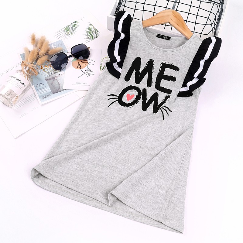 SIYYIS Đầm Cotton Không Tay Viền Bèo In Hình Mèo Hoạt Hình Phong Cách Hàn Quốc Cho Bé Gái 2-6 Tuổi Váy Bé Gái /Quần áo Trẻ Em /Dầm Bé Gái /Váy Công Chúa Bé Gái /Váy