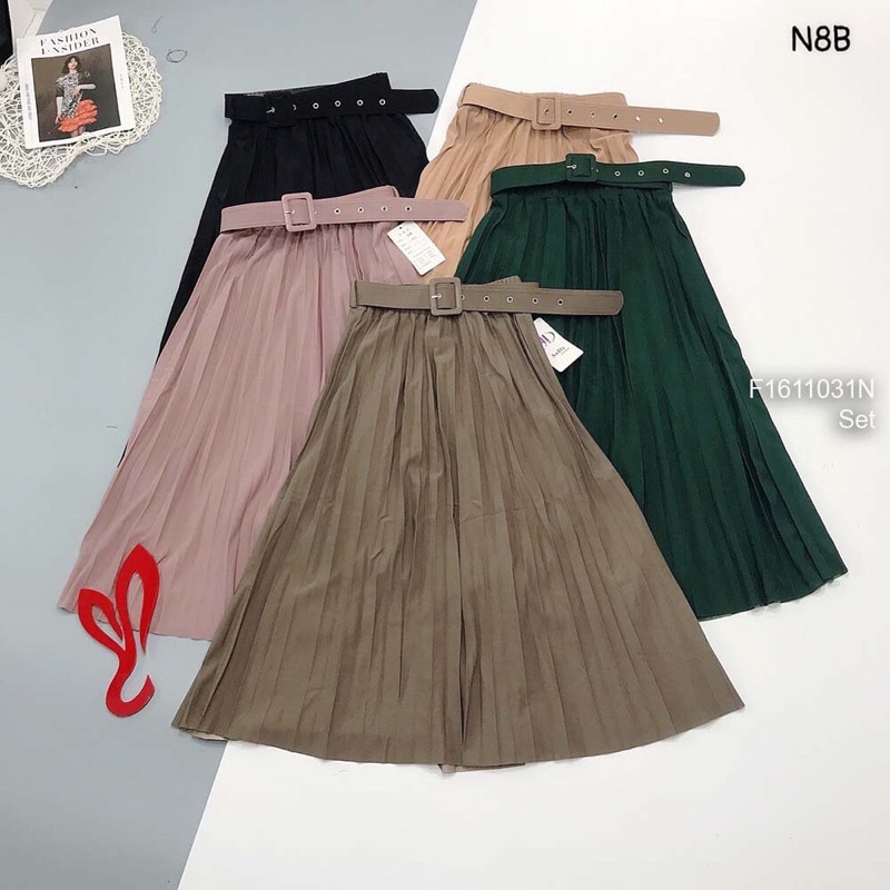 Set chân váy da lộn xếp ly dáng dài kèm belt!
