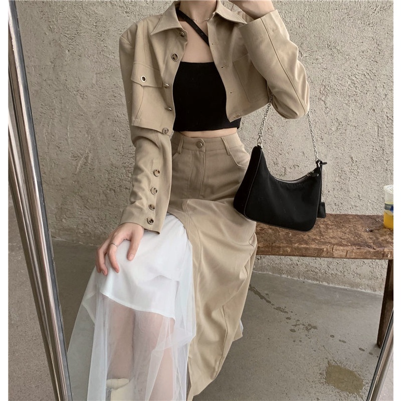 Set áo khoác dáng ngắn + váy lưng cao phối lưới thời trang mùa thu mới 2021 (có bán lẻ)