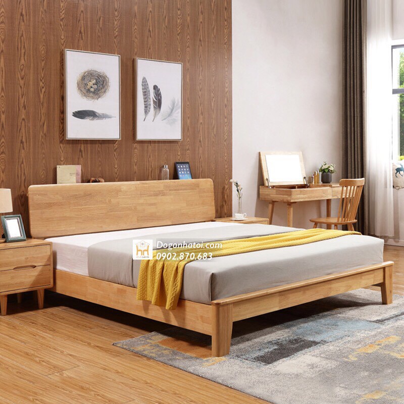 Combo Giường ngủ gỗ sồi tự nhiên + 1 tủ đầu giường GN630 - ĐỒ GỖ NHÀ TÔI