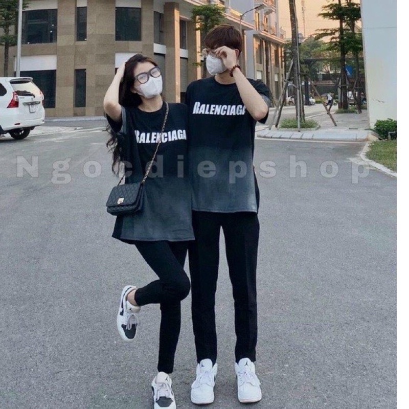 Áo Thun Chữ Balen Loang Đen Chất Đẹp, Áo Phông Đôi Nam Nữ Dáng Rộng Giấu Quần