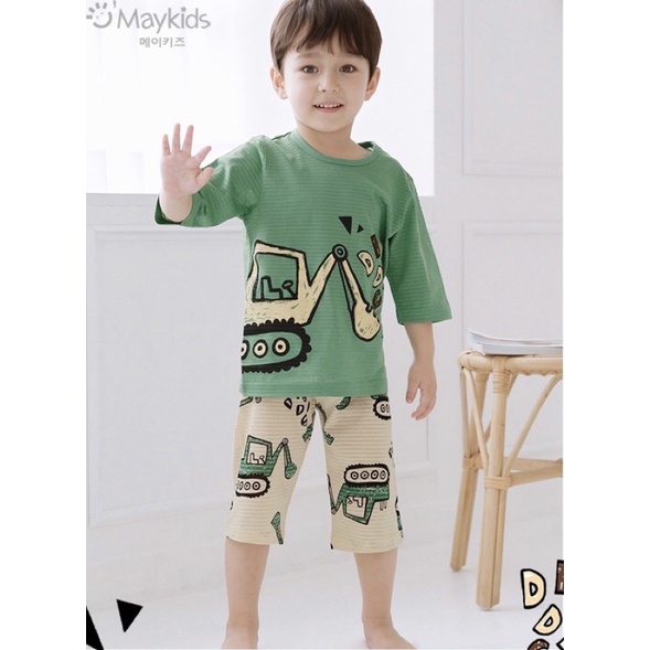 Bộ quần áo trẻ em máy xúc xanh organic Maykids