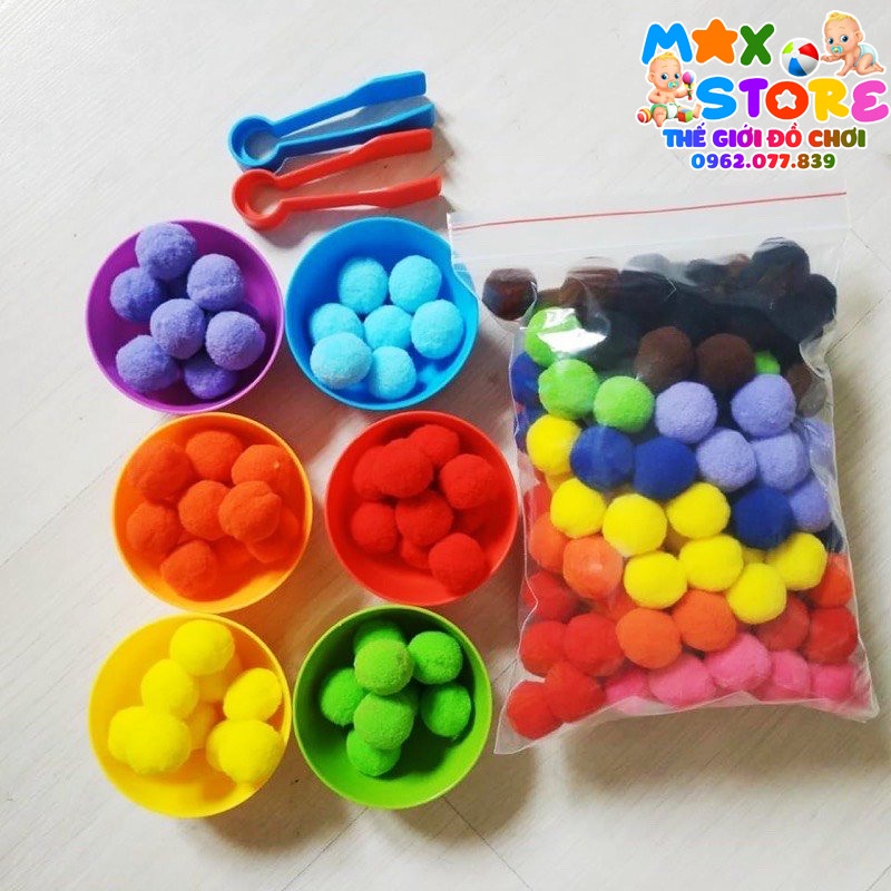 SET 6 BÁT + 2 KẸP PHÂN LOẠI MÀU SẮC TẬP GẮP HẠT POMPOM  HẠT NHỰA