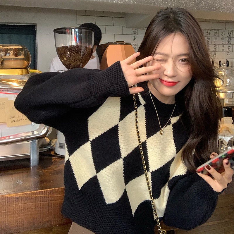 【Hana and Alice】Đầm Dệt Kim Tay Dài Cổ Tròn Lưng Cao Đính Đá Kiểu Preppy Dễ Thương