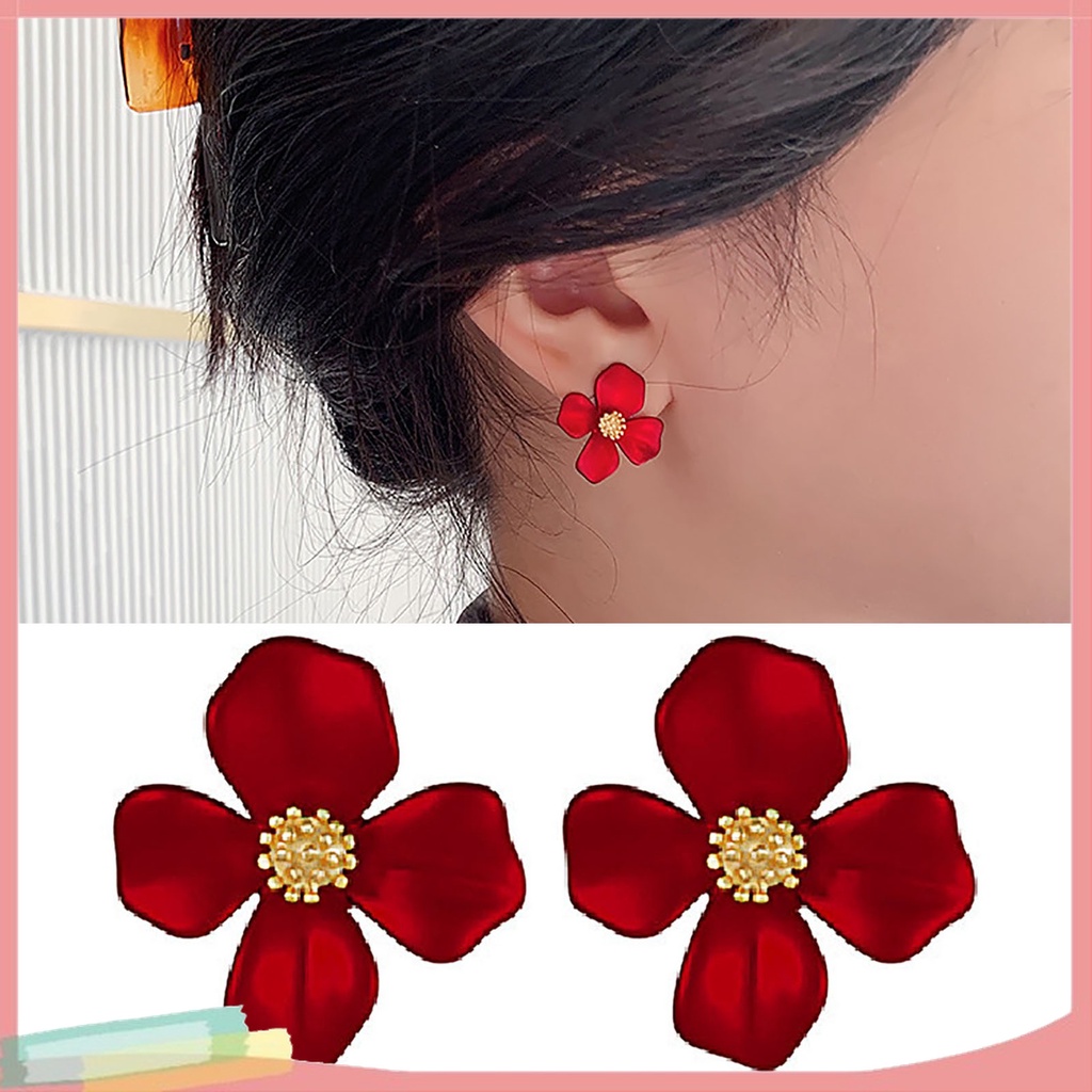 1 Đôi Bông Tai Hình Hoa Bốn Cánh Màu Đỏ Ngọt Ngào Dành Cho Nữ