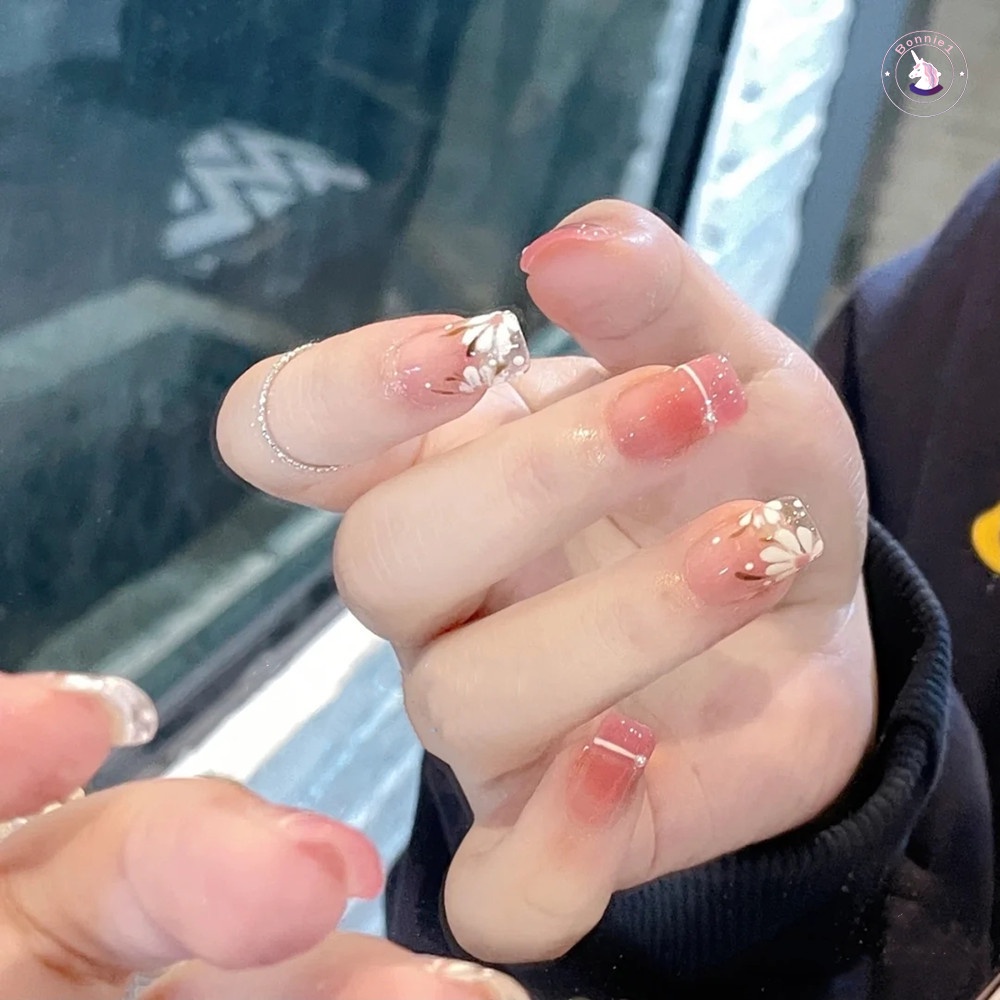 Bộ 24 Móng Tay Giả Họa Tiết Hoa Màu Hồng Gradient Thời Trang