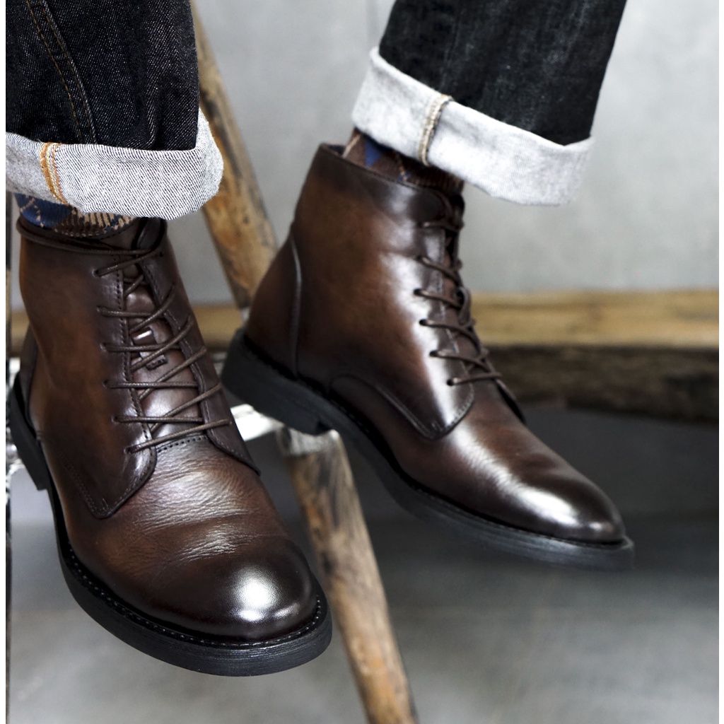 Giày bốt nam da bê màu nâu đậm mũi tròn cao cấp