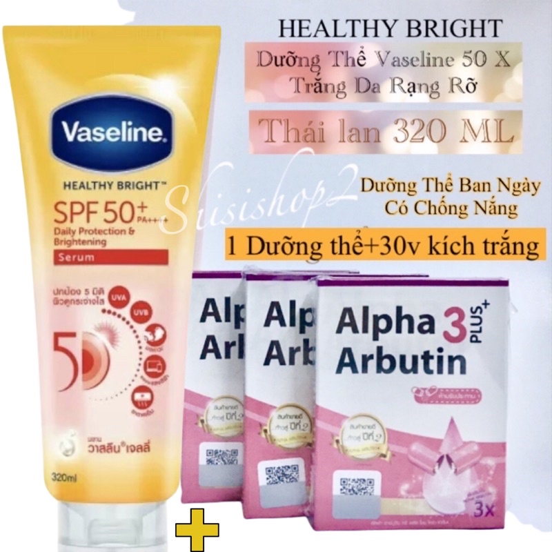 Combo dưỡng da Ban ngày Vaseline 50X 320ml và túi hộp kích trắng Alpha Arbutin