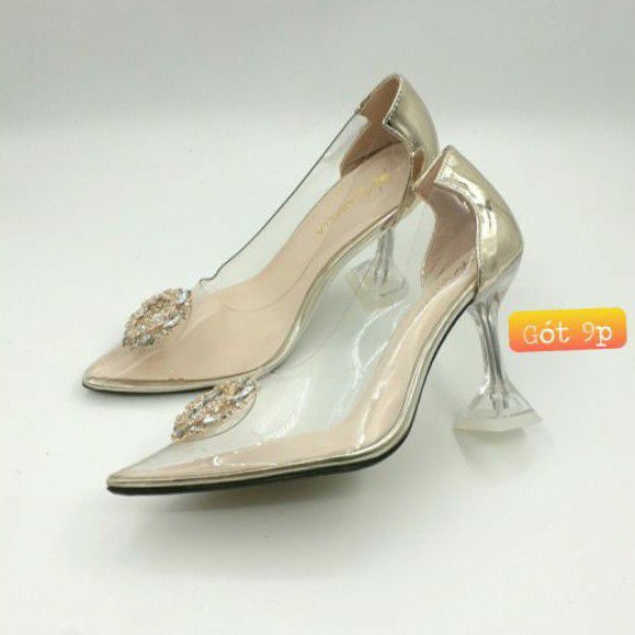 Giày Cao Gót Mũi Nhọn Quai Trong Gắn HOA ĐÁ GÓT cao cấp 7P & 9P - Mã B11 | BigBuy360 - bigbuy360.vn