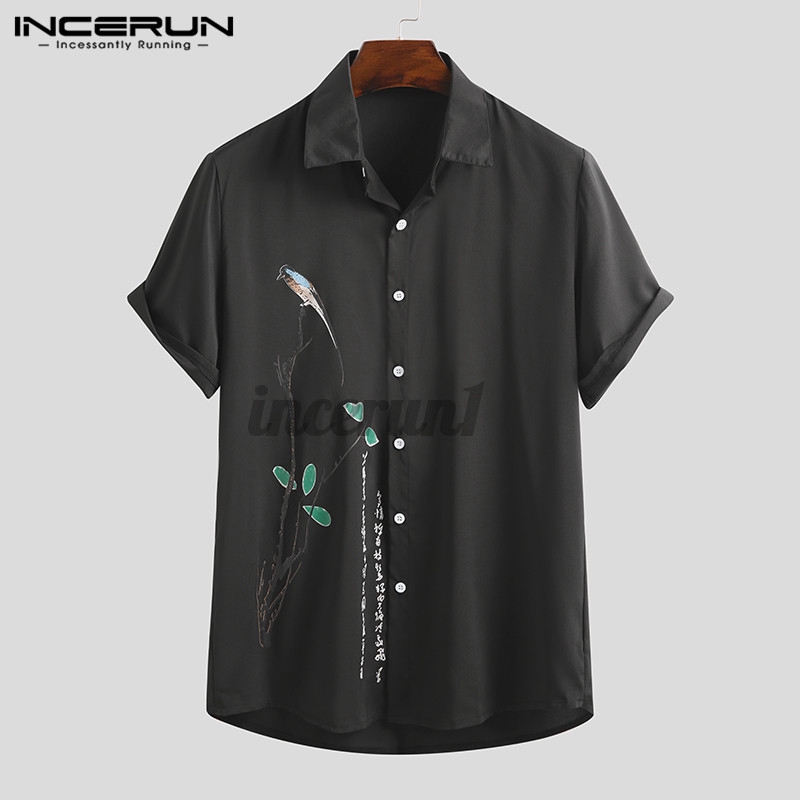 Áo sơ mi INCERUN tay ngắn in họa tiết cá tính cho nam