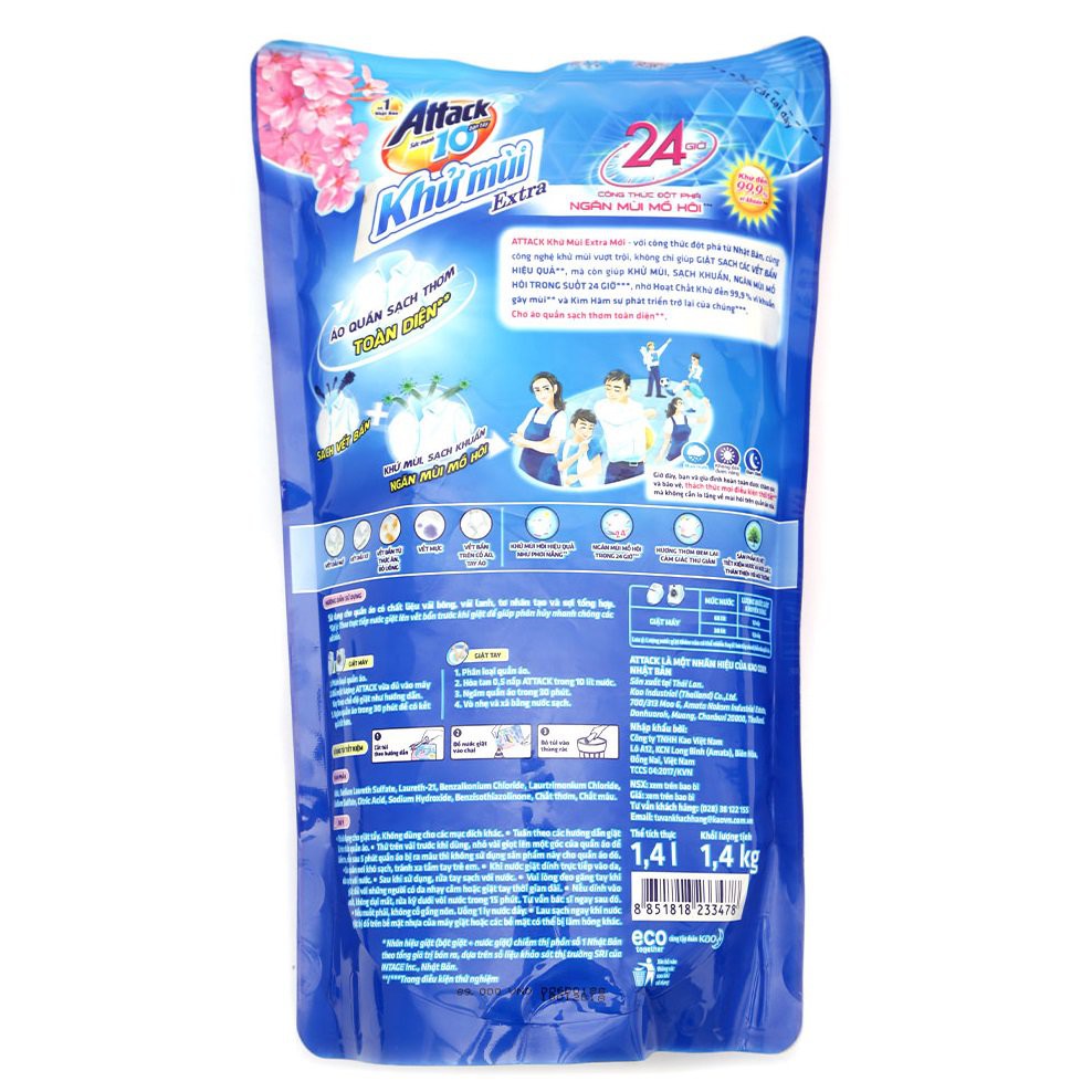 Túi Nước Giặt Attack Khử Mùi Hương Hoa Anh Đào 1.4kg