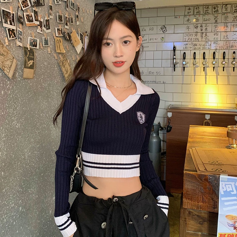 Áo Len Tay Dài Cổ Chữ V Màu Tương Phản Phong Cách Hàn Quốc Thời Trang Cho Nữ