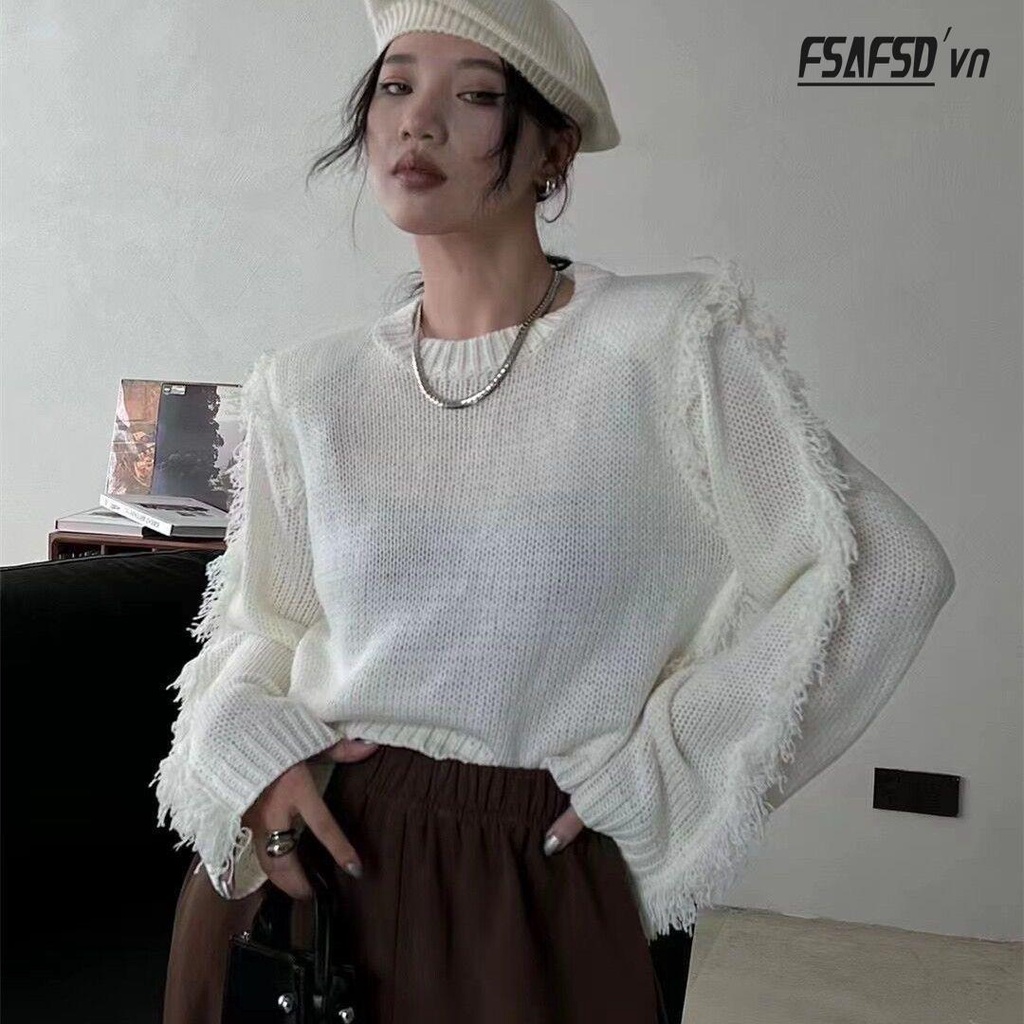 Áo Sweater Nữ Tay Dài Phối Tua Rua Thời Trang