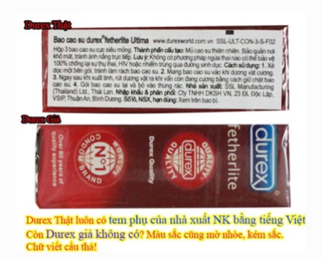 Bao cao su Durex Fetherlite (12 cái/hộp)+cách phân biệt bcs thật giả