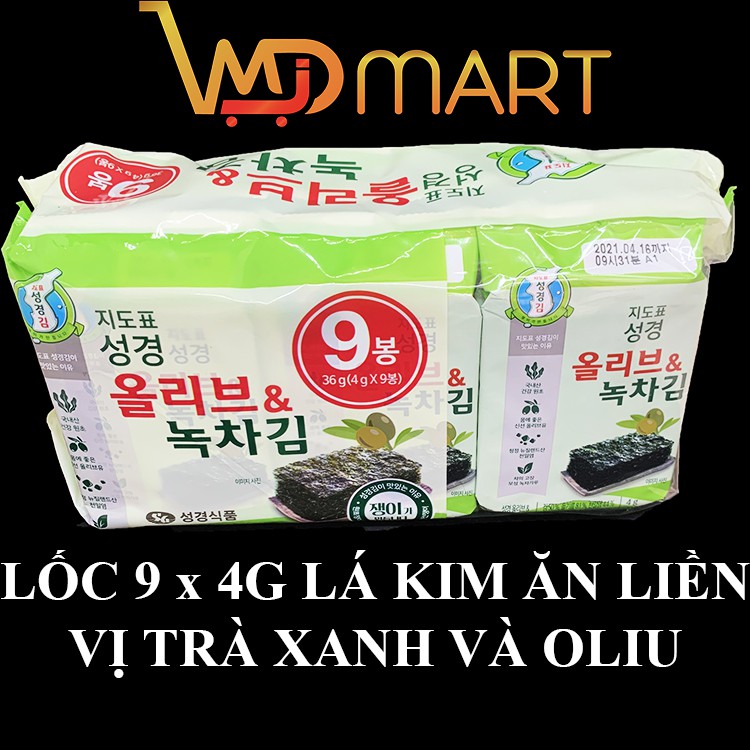 Lốc 9 gói Rong biển ăn liền vị dầu oliu + trà xanh Sung gyung Hàn quốc gói 4g