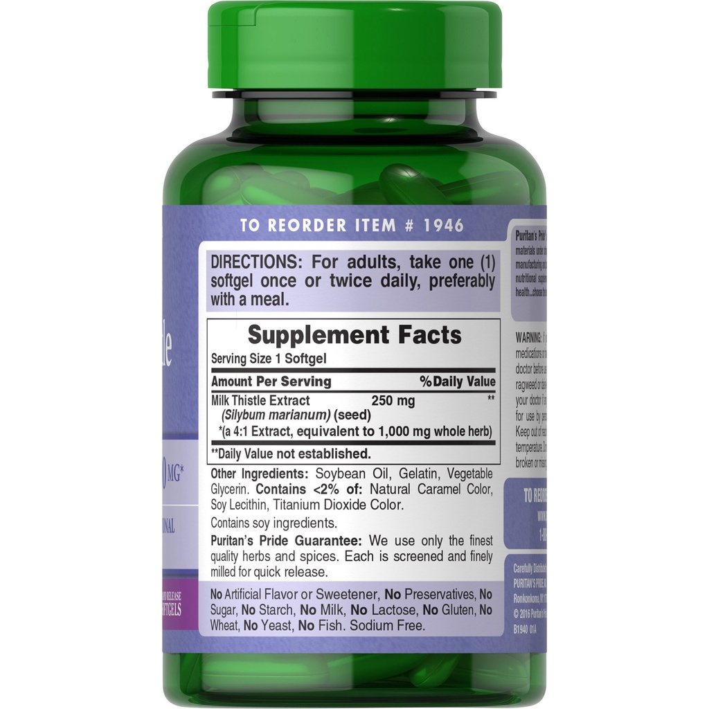 Viên Uống Giải Độc Gan Puritan’s Pride Milk Thistle Extract 1000mg 180 Viên