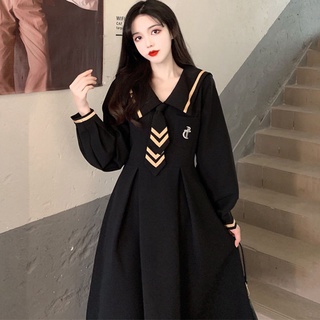 French navy college style dress women's 2022 autumn new dark loose cover meat long-sleeved small black dress