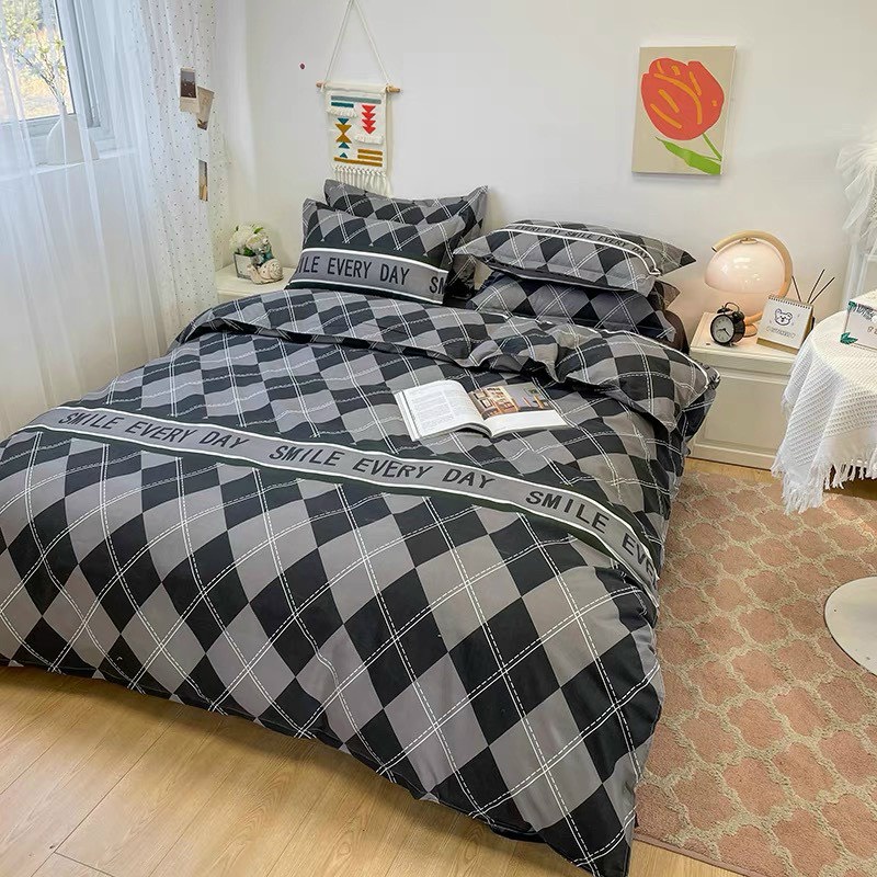 Bộ Chăn Ga Gối Cotton Poly Hizun Mẫu Trám Ghi