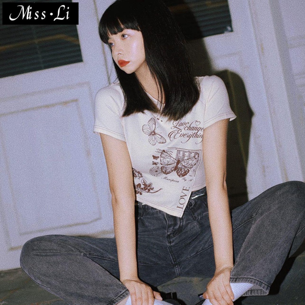 Áo Thun Ngắn Tay Lưng Cao In Họa Tiết Phong Cách Âu Mỹ Thời Trang Mùa Hè Cho Nữ