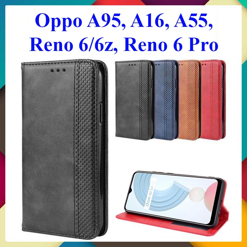Bao da dạng ví Oppo A95, A16, A55, Reno 6 5G, Reno 6z 5G, Reno 6 Pro 5G nắp gập, ngăn đựng thẻ tiền tiện lợi