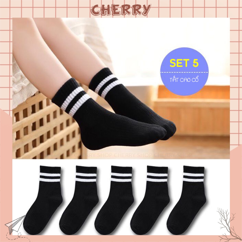 Tất cổ cao nữ nam phong cách thể thao dễ phối đồ, set 5 đôi vớ chất liệu vải Hàn thoáng mát