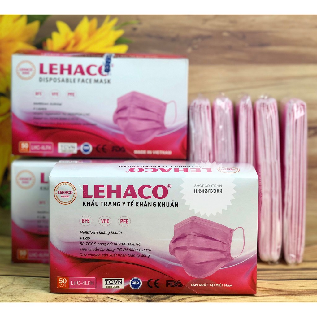 Khẩu Trang Kháng Khuẩn Màu HỒNG 4 lớp 50 cái/ hộp - Khẩu Trang y tế Lehaco Kháng Khuẩn