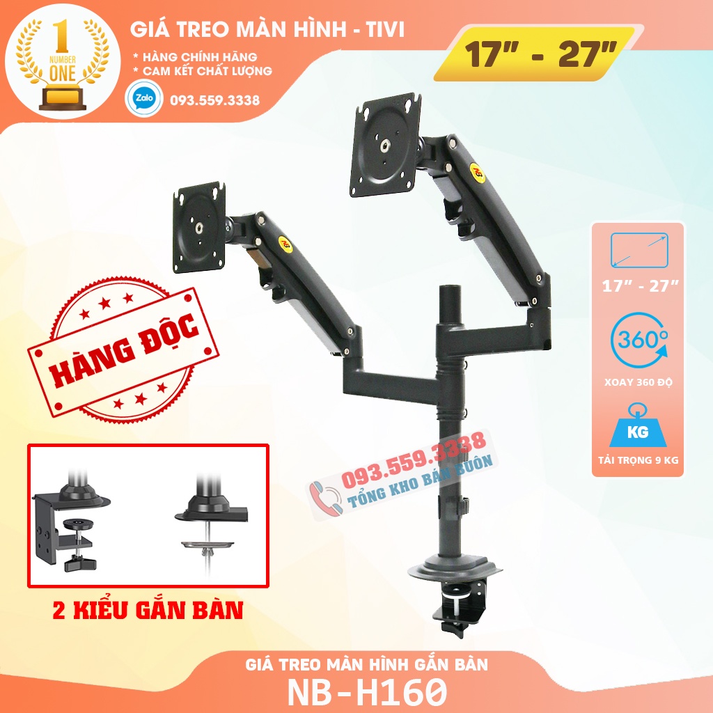 Giá Treo Màn Hình NB H160 / H180 17 - 27 - 35 inch / Tay Treo Hai Màn Hình Kẹp Bàn - Xoay 360 Độ [ Mới Hơn NB F160 ]