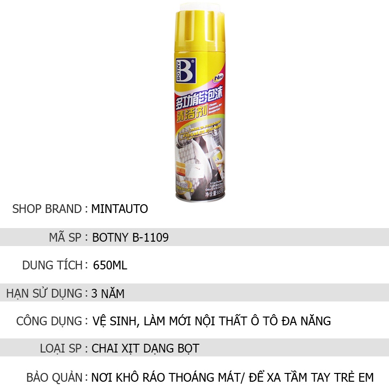 Chai xịt bọt vệ sinh nội thất ô tô Foam Cleaner Botny B-1109 dung tích 650ml