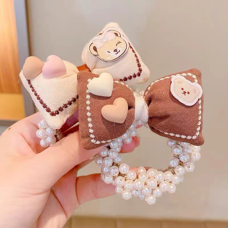 Dây Buộc Tóc Co Giãn Đính Hạt Và Nơ Màu Caramel Dễ Thương Cho Bạn Gái