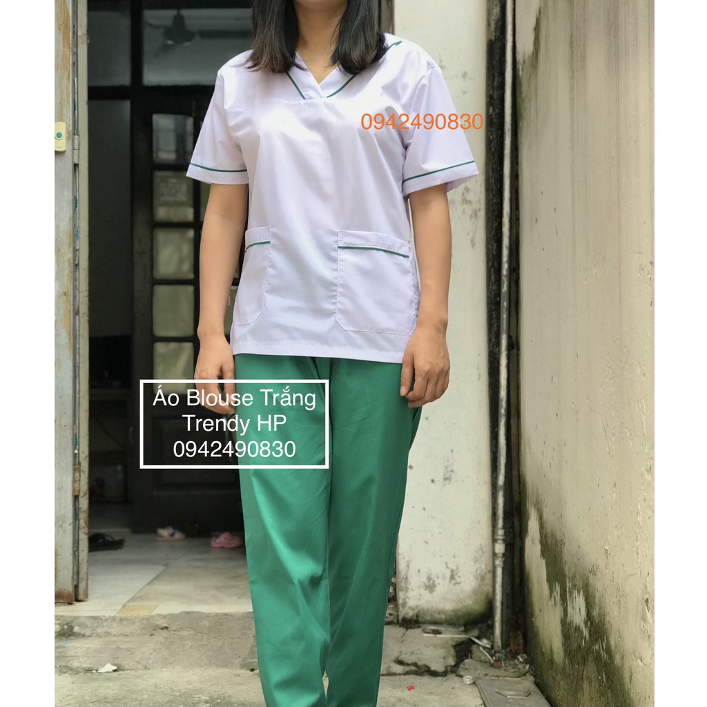 Bộ scrubs trắng cổ tim Nam Nữ - bộ blouse trắng cổ chui chữ V bác sỹ, dược sỹ, y tá, điều dưỡng
