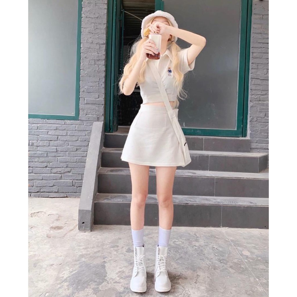 Sét bộ áo cổ bẻ croptop hoa cúc với chân váy chữ A siêu xinh