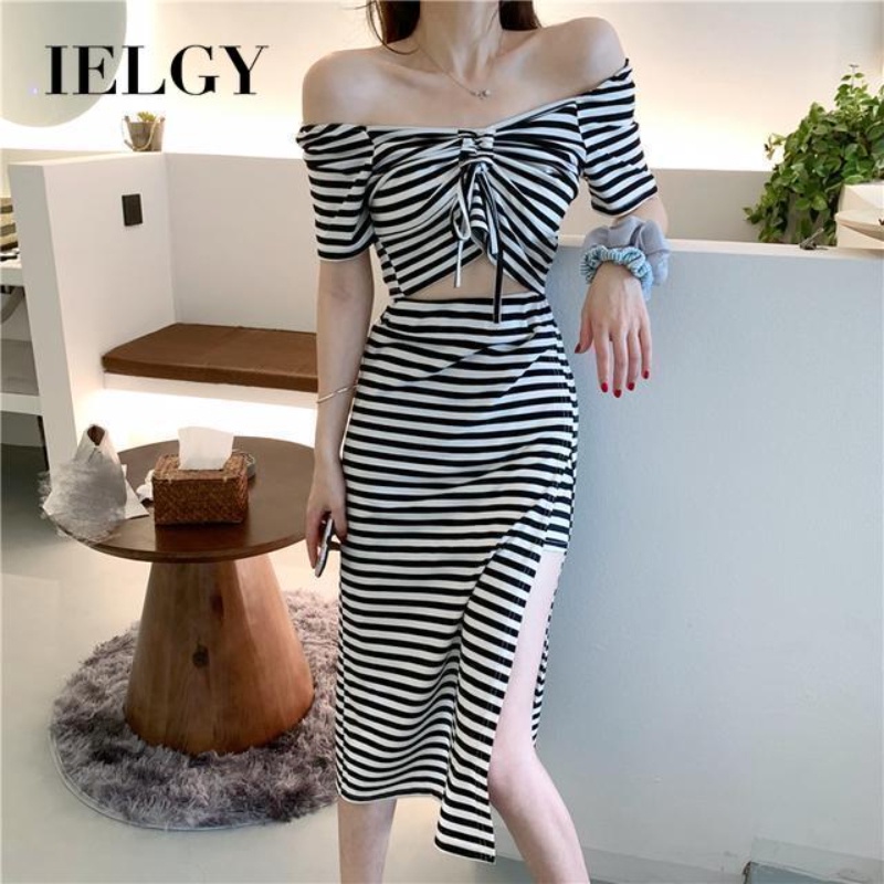 Áo trễ vai và chân váy eo cao IELGY xẻ tà kẻ sọc thời trang retro Hồng Kông gợi cảm cho nữ (có bán lẻ)