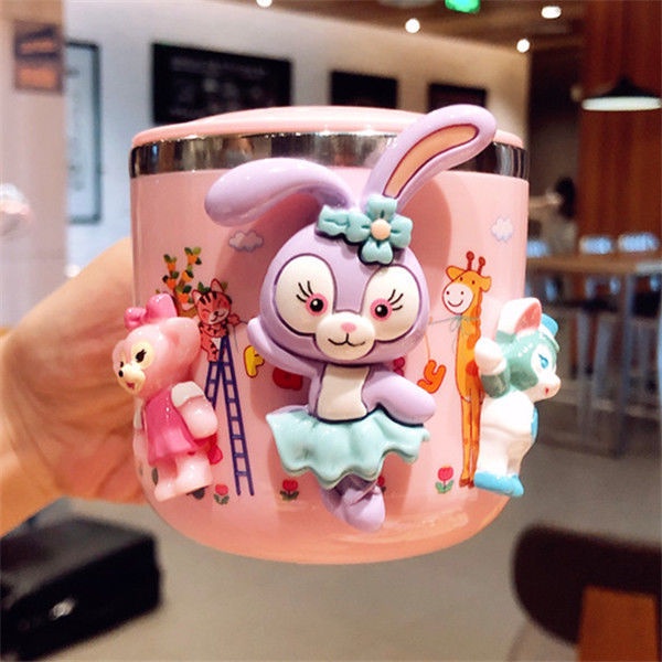 Bình Uống Nước Có Tay Cầm Và Nắp Đậy Chống Sốc Họa Tiết Hoạt Hình 3D Dễ Thương Cho Bé
