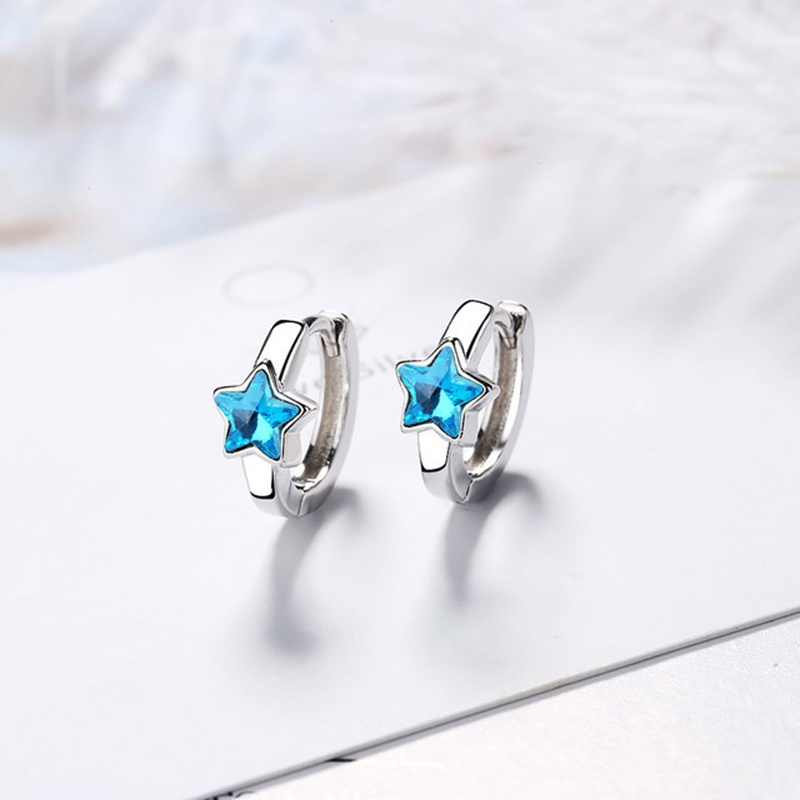 Khuyên tai tròn đính đá zircon hình ngôi sao nhỏ màu xanh dương bằng bạc sterling cho bé gái trẻ em gái