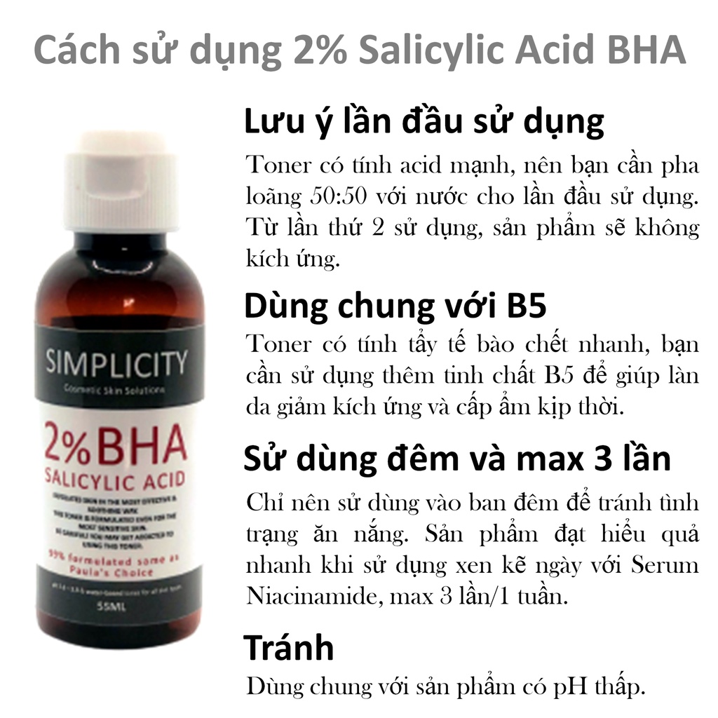 Toner 2% BHA Tẩy da chết mặt bớt mụn da dầu trắng sáng thông thoáng lỗ chân lông SIMPLICITY