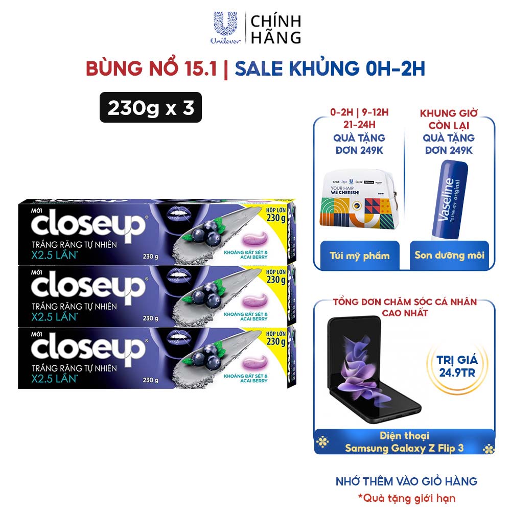 Combo 3 Kem Đánh Răng Closeup Trắng Răng Tự Nhiên X2.5 Lần Với Khoáng Đất Sét Và Acai Berry 230G/Tuýp